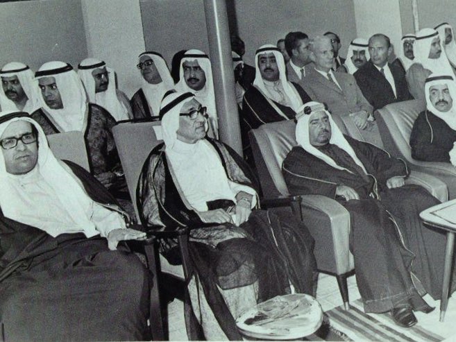 Their Highnesses, the Amir and the Prime Minister, with Sayed Mahmood Al Alawi next to them in 1974 history image